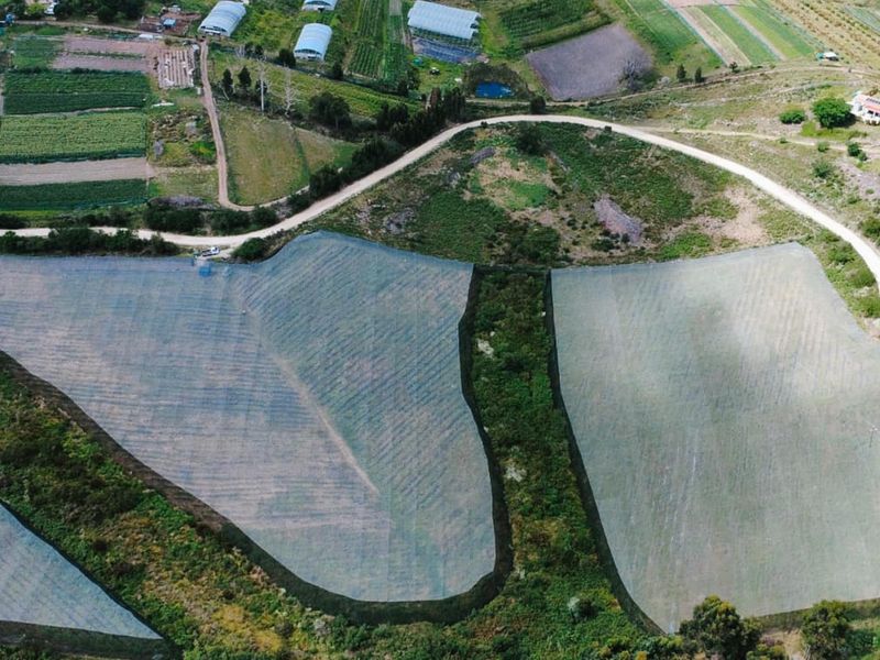 Aerial view of the farm property featuring large cultivated plots covered with agricultural netting, access roads, and surrounding greenhouse structures.