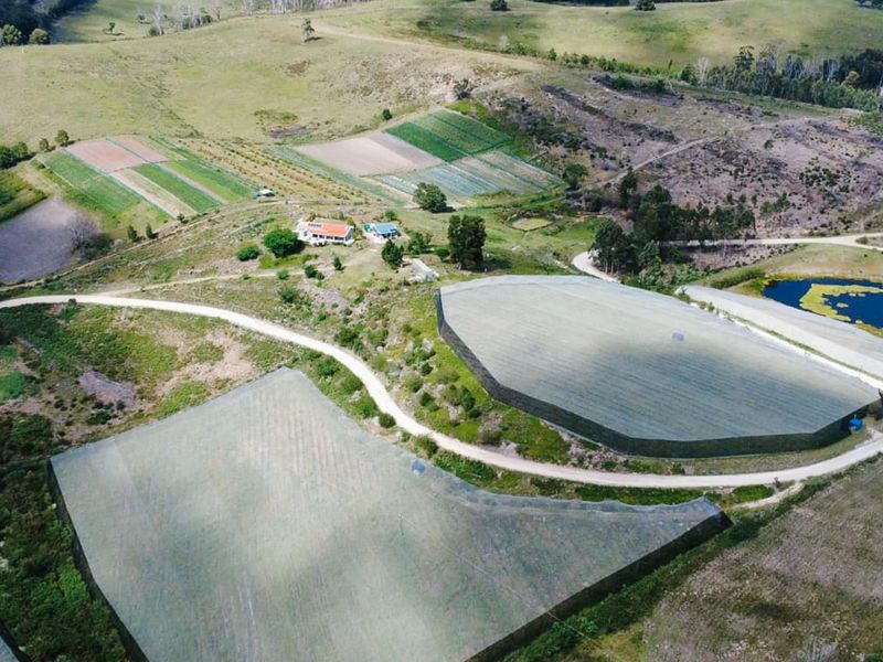 Aerial view of a farm property featuring large agricultural netting structures, cultivated fields, a farm dam, and gravel access roads.