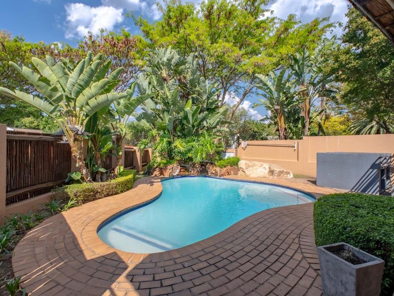 A well-maintained private swimming pool area featuring brick paving, established landscaping, and a built-in braai, perfect for outdoor relaxation and entertaining.