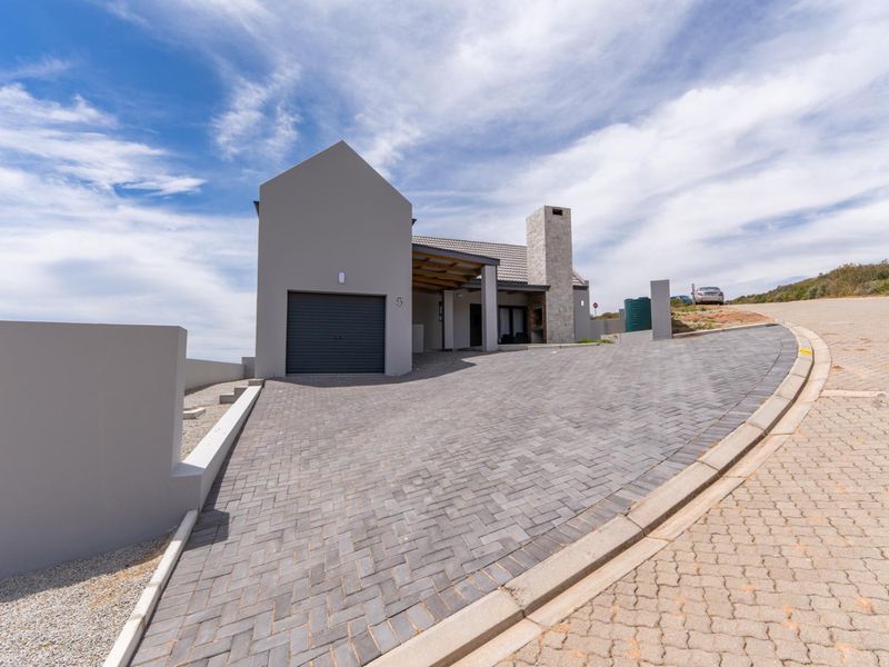 Modern single-story house exterior featuring a paved driveway, integrated garage, and stone chimney detail, set in a contemporary residential development.