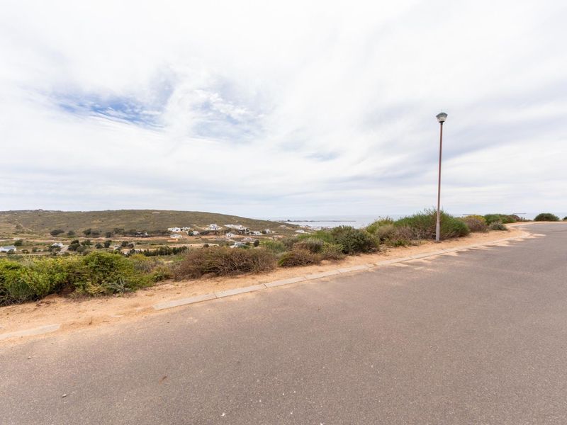 A scenic view overlooking the coastal landscape and surrounding residential area from the edge of a paved street.