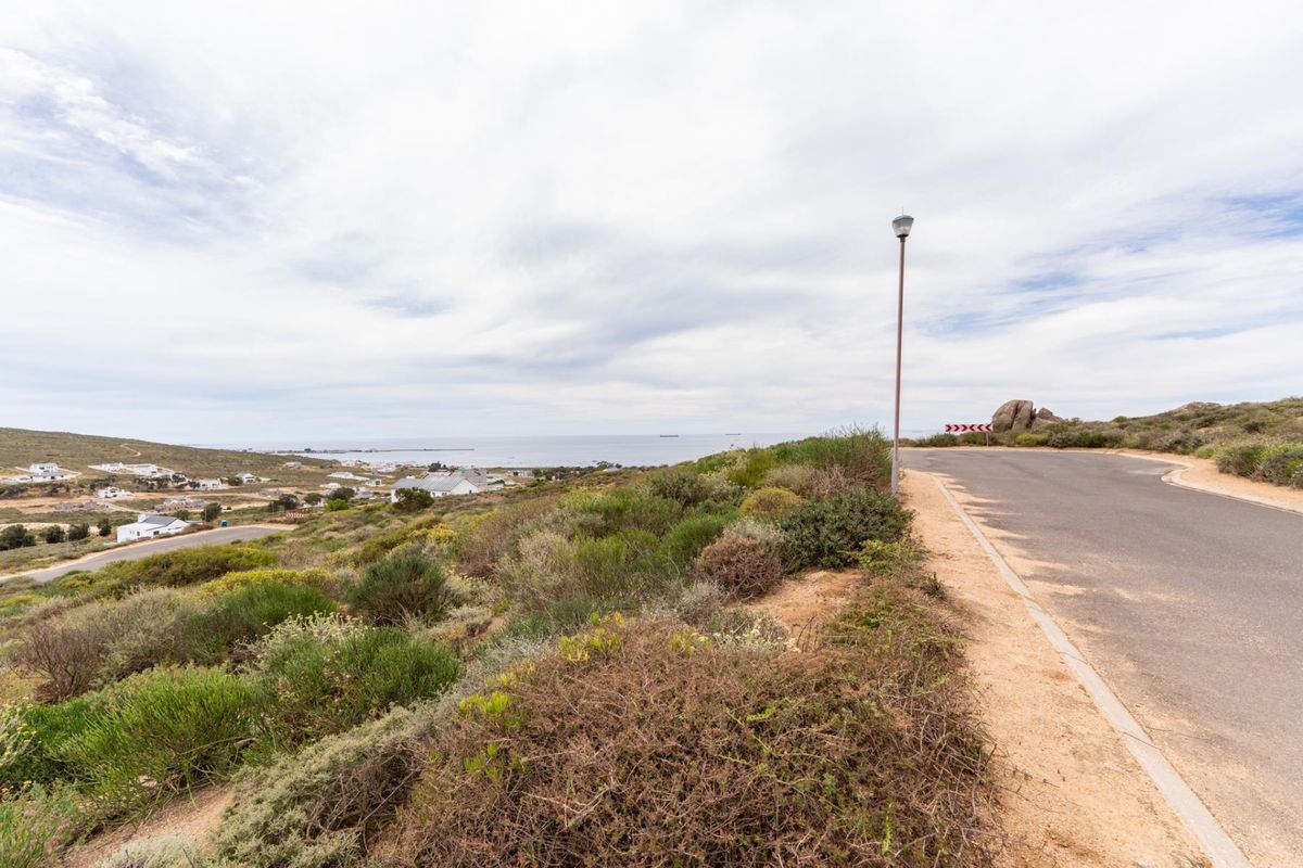 A scenic view of the coastal landscape and surrounding residential area from the adjacent paved road.