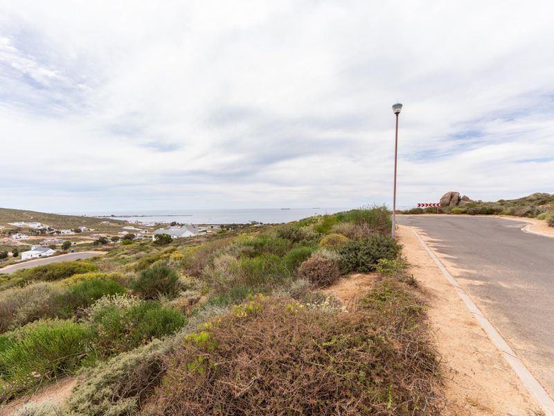 A scenic view of the coastal landscape and surrounding residential area from the adjacent paved road.