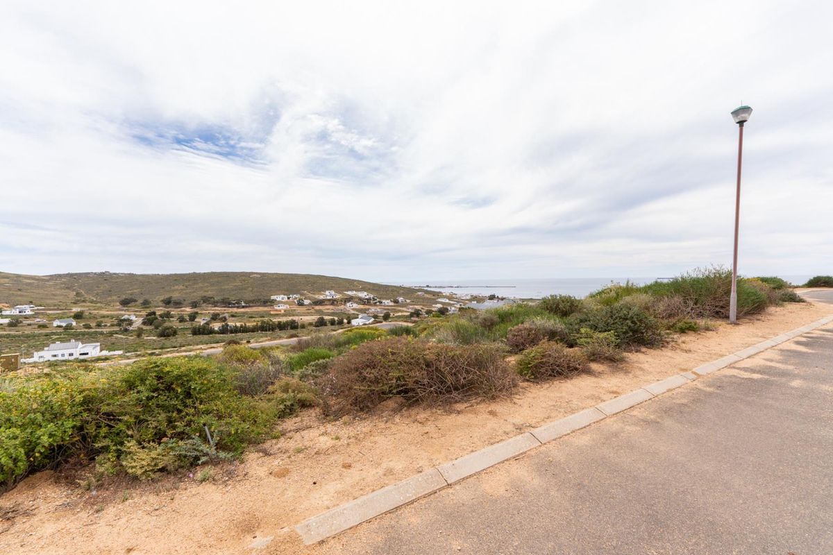 A scenic elevated view overlooking the surrounding coastal landscape, residential area, and ocean horizon from a paved street.