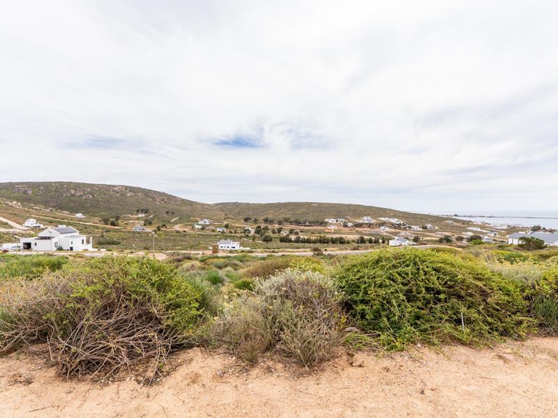 A scenic elevated view overlooking a coastal residential area with natural fynbos vegetation and distant ocean views.