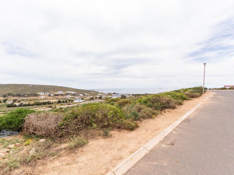 A scenic view overlooking the coastal landscape and surrounding residential area from the edge of a paved road.