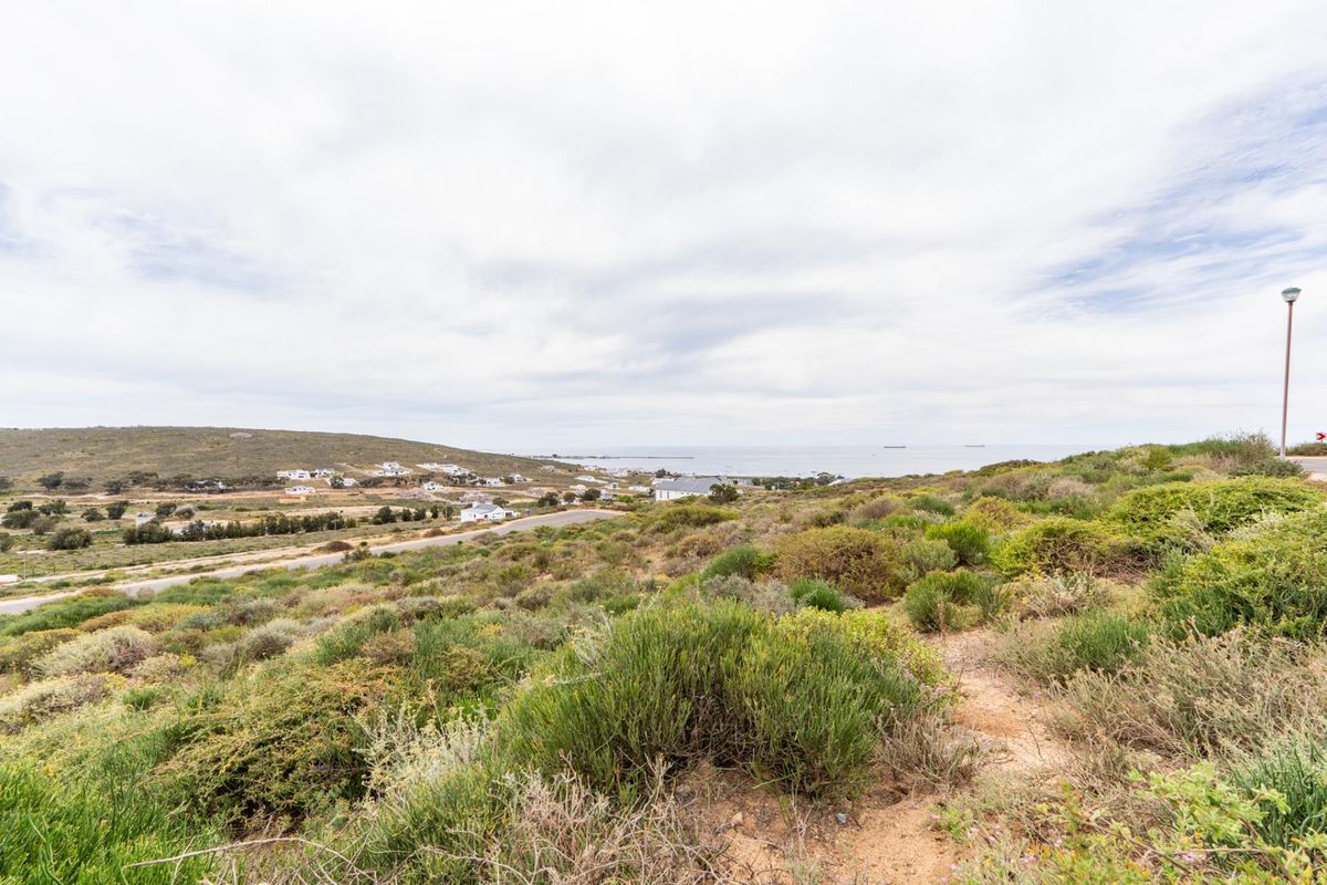 A wide-angle view of the vacant residential land featuring natural coastal vegetation, a nearby road, and distant ocean views.