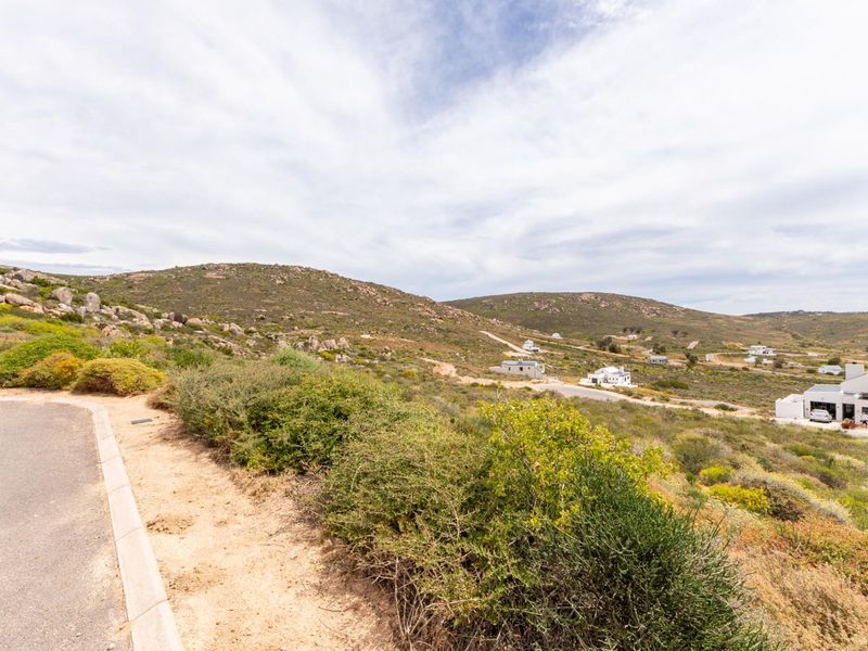 A scenic view of the surrounding natural landscape and residential area from the edge of a paved road.