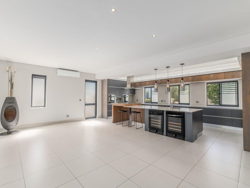 Spacious open-plan living and kitchen area featuring a modern kitchen island, built-in appliances, sleek cabinetry, and a contemporary freestanding fireplace.