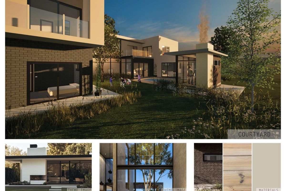 A architectural concept rendering showing a modern residential courtyard with a pool, outdoor fireplace, and contemporary building facades.