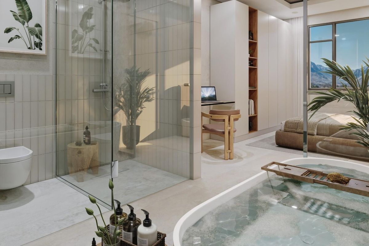 Modern open-plan bedroom and bathroom suite featuring a glass-enclosed walk-in shower, wall-mounted toilet, and a freestanding bathtub with contemporary finishes.