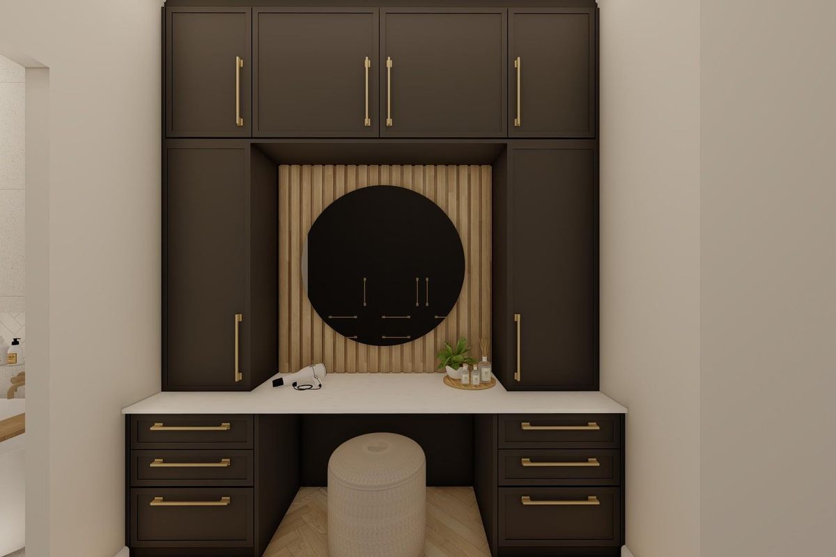 A modern bathroom vanity area featuring dark cabinetry, gold hardware, a white countertop, and a decorative timber slat wall panel.