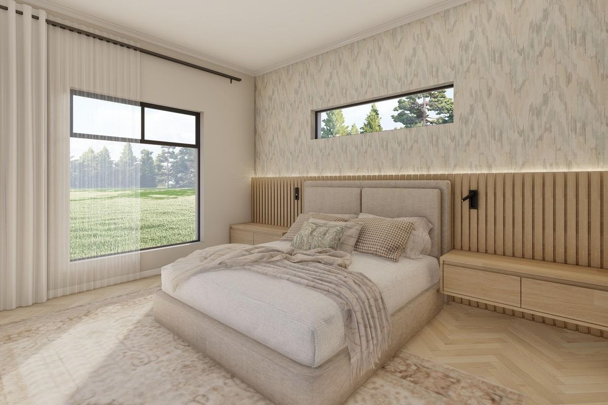 A modern, well-lit bedroom featuring custom timber slat wall paneling, integrated bedside cabinetry, and large windows with views of the surrounding landscape.