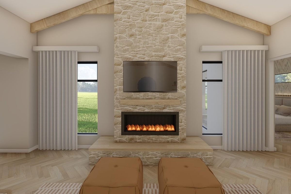 Spacious living room featuring a prominent stone fireplace, vaulted ceilings with exposed timber beams, and light herringbone timber flooring.