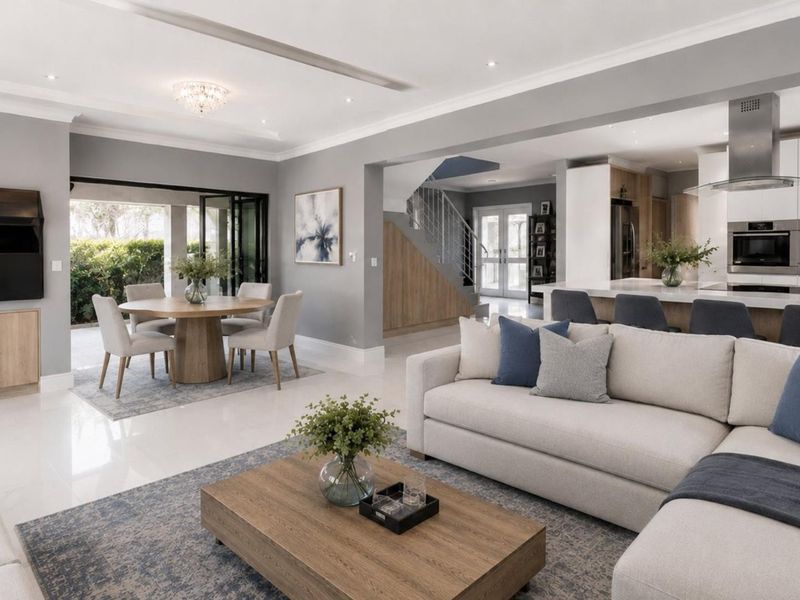 Spacious open-plan living area featuring a modern kitchen with island, dining space, and seamless flow to the outdoor patio through large sliding glass doors.