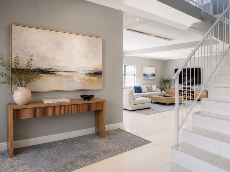 Welcoming entrance foyer featuring polished tiled flooring and a modern staircase, leading into an open-plan living area with neutral finishes.