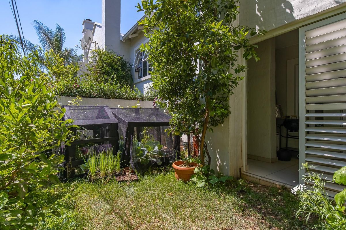 A private rear garden area featuring a small lawn, established greenery, and a tiled patio entrance with adjustable louvre shutters.