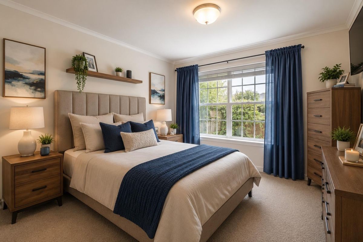 A well-maintained bedroom featuring neutral carpeting, a large multi-pane window with natural light, and a floating wall shelf.