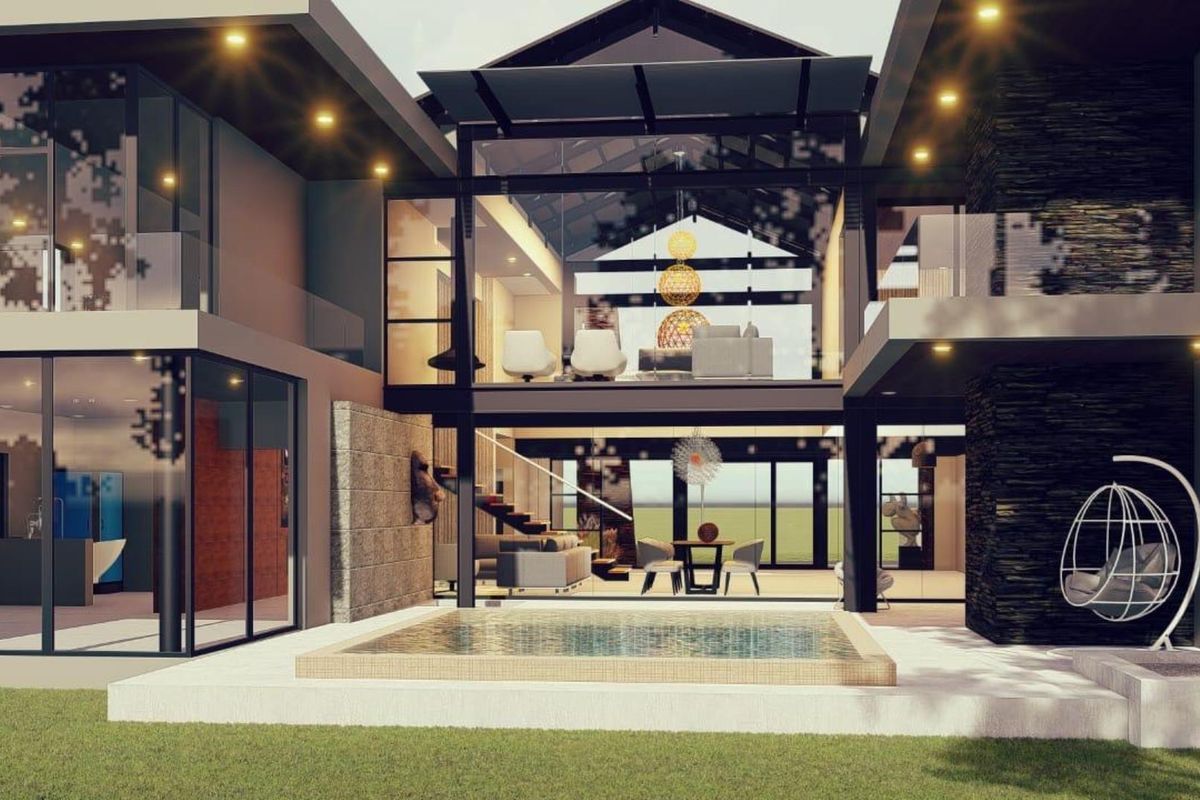 A modern architectural residence featuring expansive glass facades, a central swimming pool, and a seamless transition between indoor and outdoor living spaces.