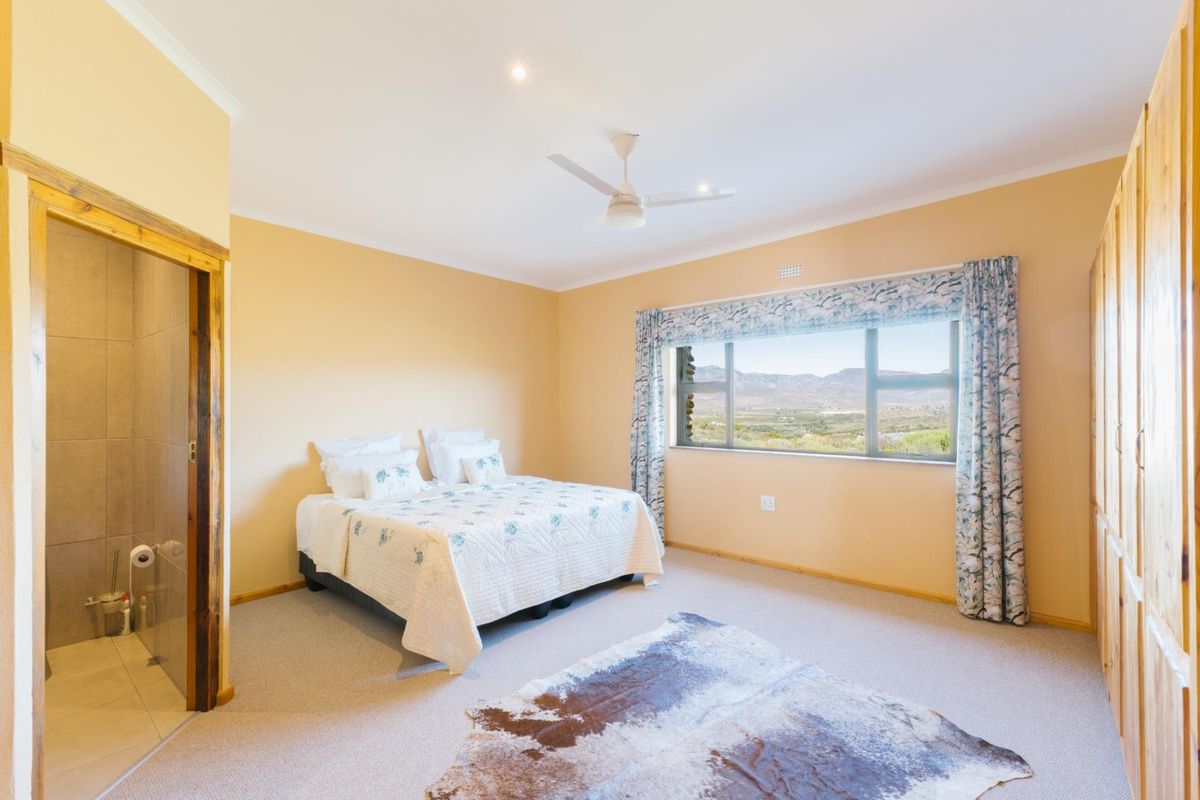 Spacious bedroom featuring neutral walls, carpeted flooring, a ceiling fan, built-in wooden cupboards, and an en-suite bathroom with scenic mountain views.