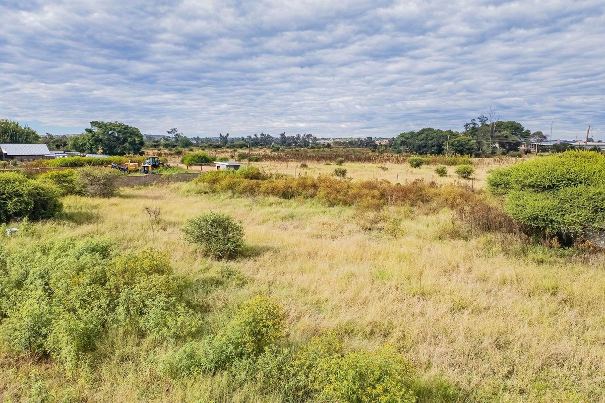 An elevated view of a large, undeveloped residential plot featuring natural vegetation, scattered shrubs, and surrounding neighborhood infrastructure.