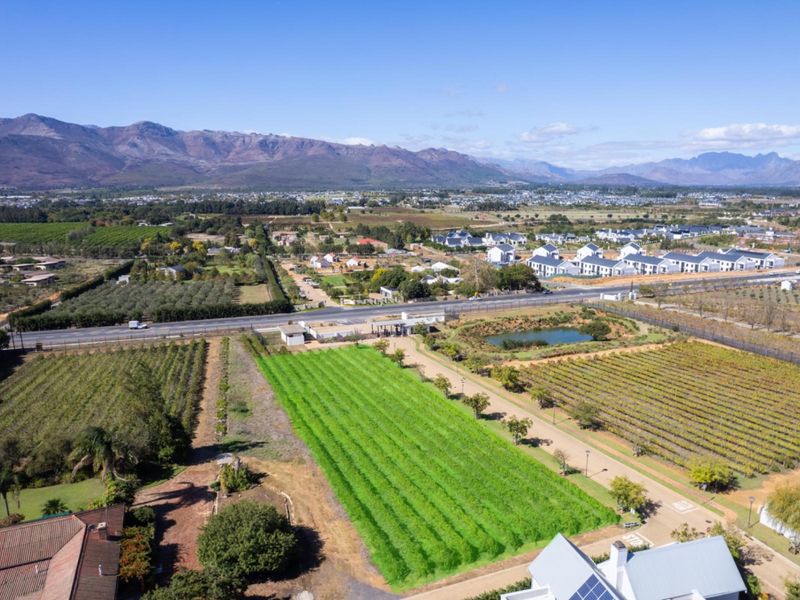 Aerial view of a residential vacant land plot featuring established vineyards, a small dam, and paved access, set against a scenic mountain backdrop.