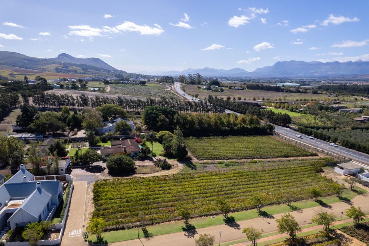 An aerial view of a residential property featuring a vineyard, landscaped grounds, and a paved driveway, set against a scenic mountain landscape.