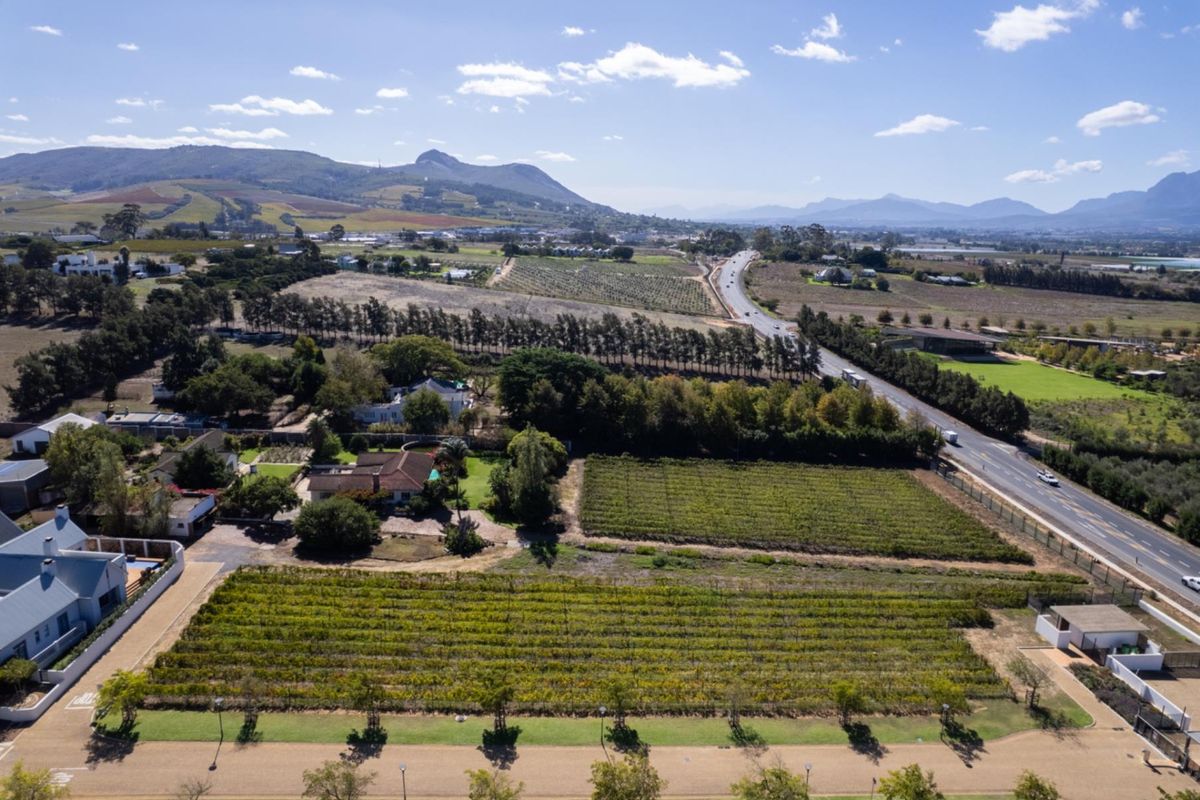 An aerial view of a residential property featuring a vineyard, landscaped gardens, and proximity to a main road with scenic mountain views.