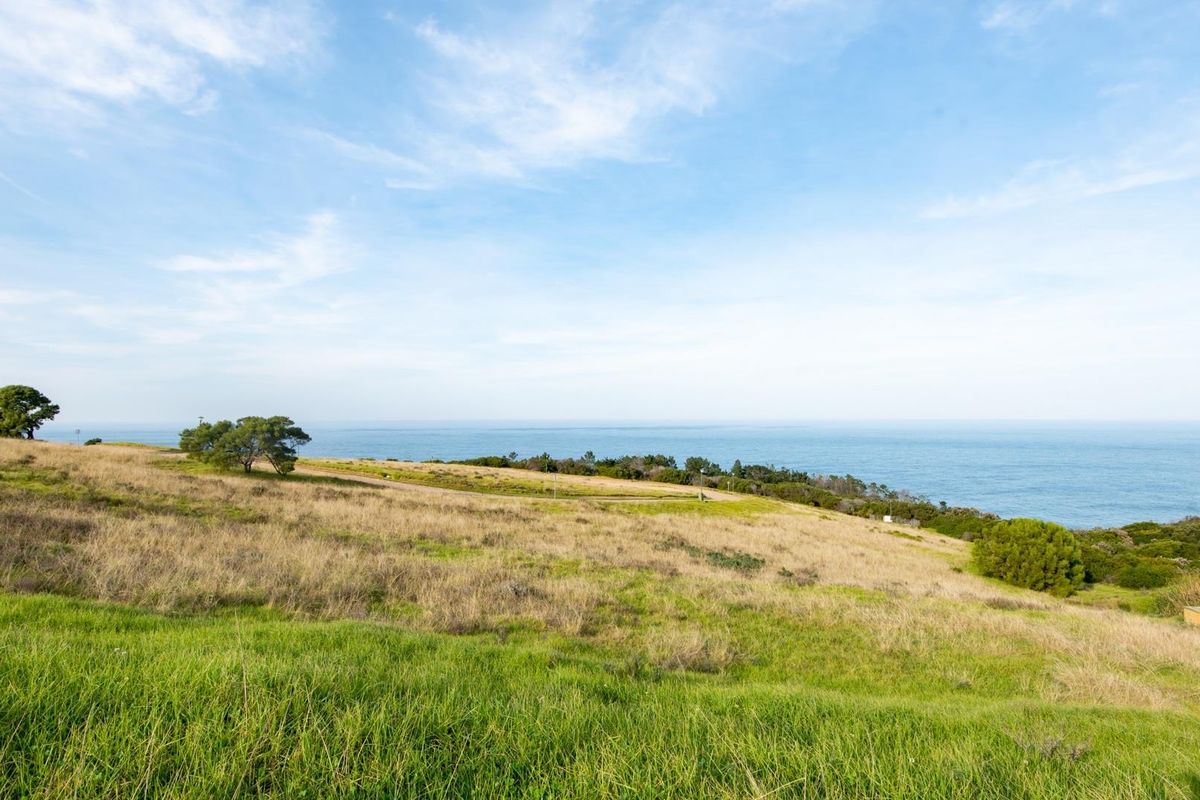 A scenic view of the coastal landscape featuring open grassland and ocean vistas, ideal for residential development.