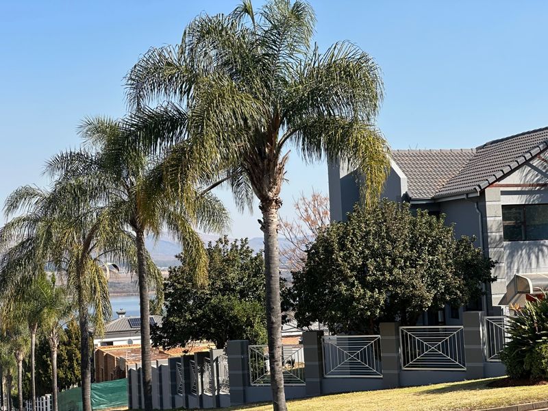 Front exterior view of a residential property featuring a tiled roof, modern metal perimeter fencing, and mature palm trees.