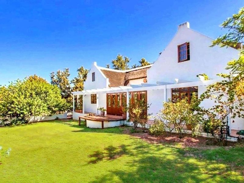 Rear view of a traditional Cape Dutch style farmhouse featuring a thatched roof, white plastered walls, and a timber pergola over a raised deck.