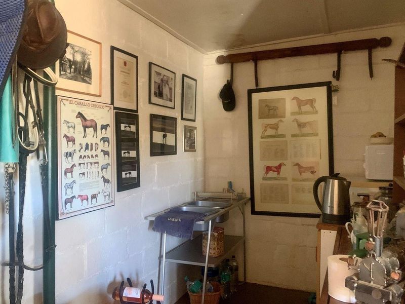 A functional utility or tack room featuring exposed brick walls, built-in shelving, and a stainless steel prep area, suitable for farm operations.