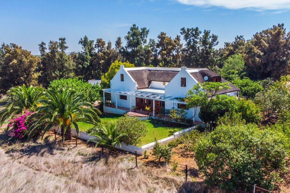 Aerial view of a charming farmhouse featuring a traditional thatched roof, white gabled facade, and a covered patio set within a lush garden.