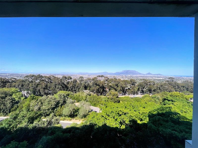 Elevated panoramic view overlooking lush green trees, suburban landscape, and distant mountain ranges under a clear blue sky.
