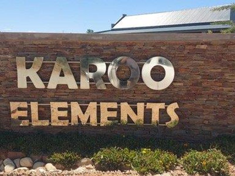 A stone-clad entrance wall featuring metallic signage for the Karoo Elements estate, set against a landscaped garden and metal perimeter fencing.
