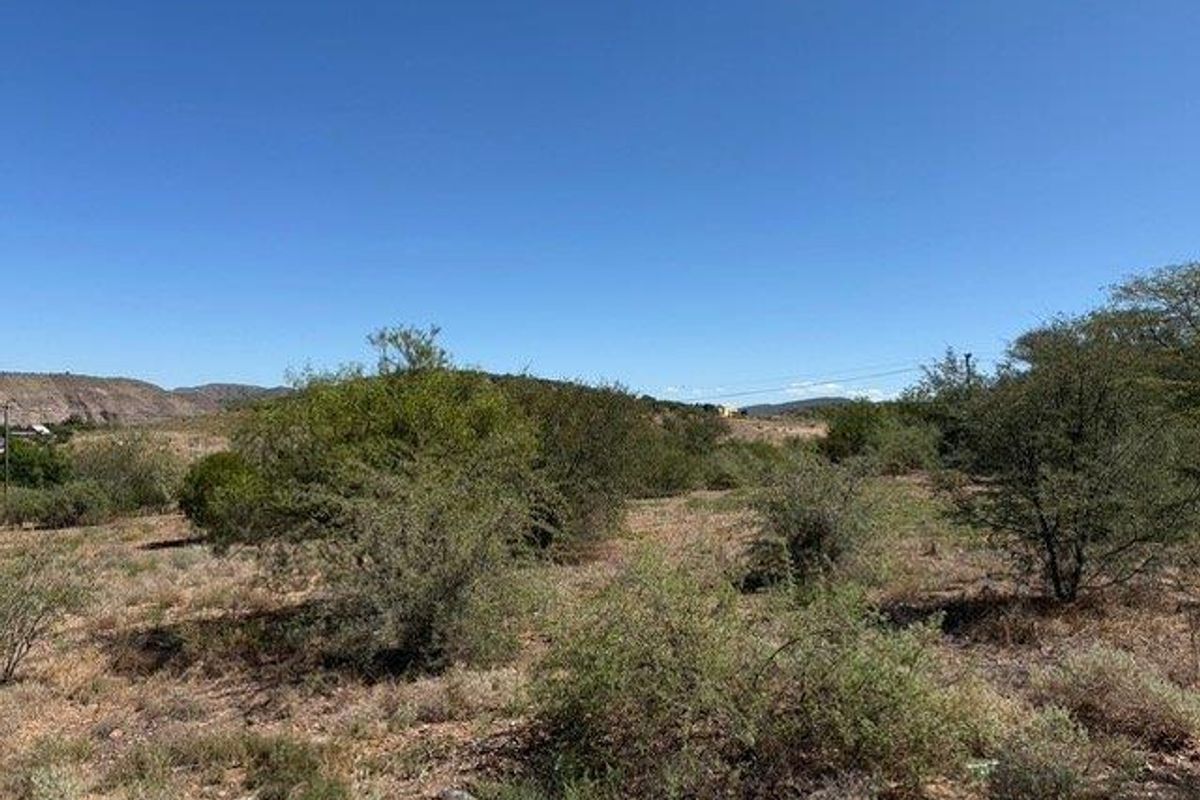 A view of the vacant residential land featuring native shrubs and natural terrain under a clear blue sky.