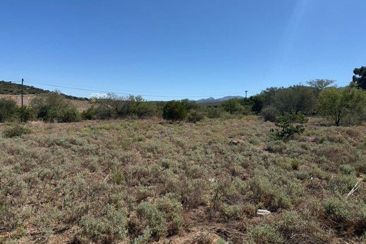 A view of a vacant residential plot featuring native scrub vegetation and distant mountain views.