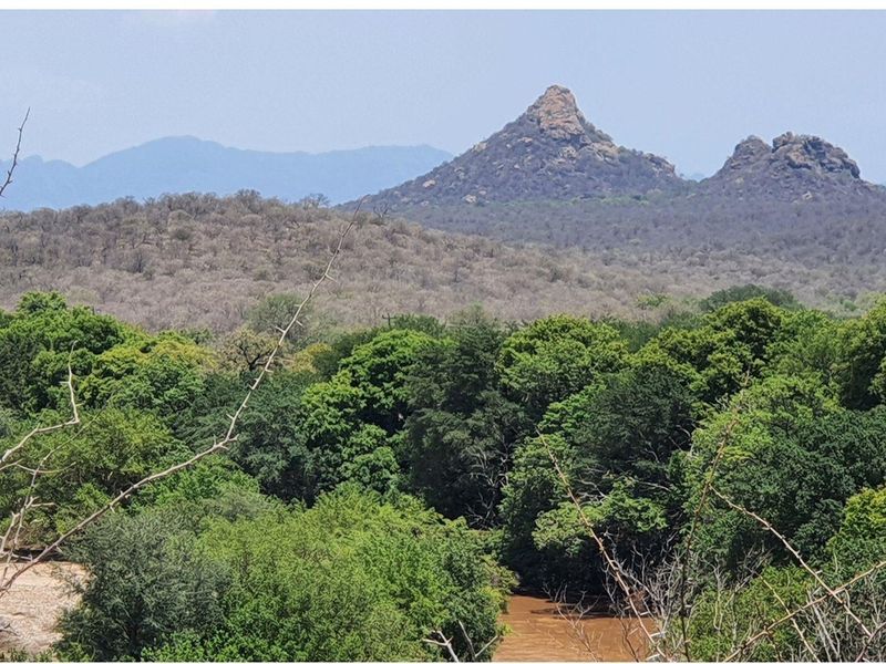 A scenic landscape view featuring lush green vegetation, a river, and prominent mountain peaks in the distance.