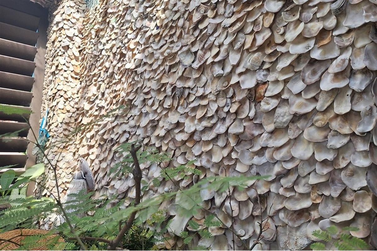 A unique exterior wall feature finished with decorative natural shell cladding, providing a textured and organic aesthetic to the property facade.
