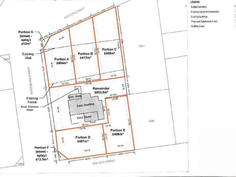 A detailed site subdivision plan showing proposed portions, building lines, and the existing dwelling footprint on the property.