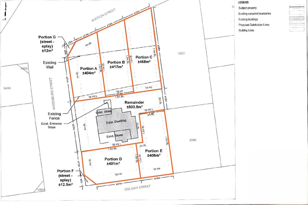 A detailed site subdivision plan showing proposed portions, building lines, and the existing dwelling footprint on the property.
