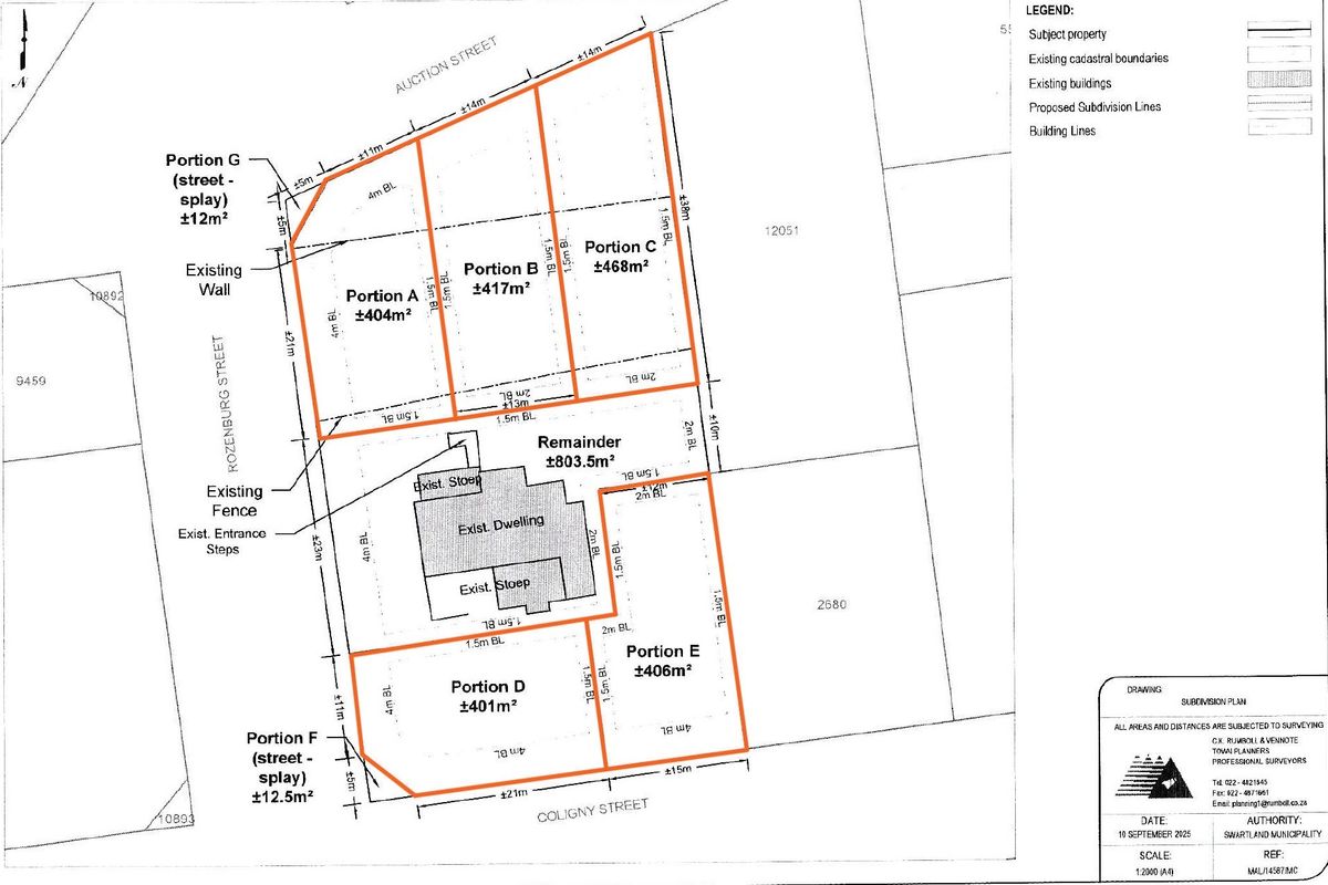 A detailed subdivision plan showing the proposed layout and dimensions for the residential property, including existing structures and boundary lines.