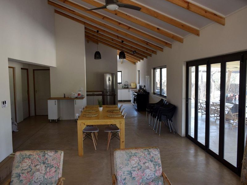 Spacious open-plan living and kitchen area featuring high vaulted ceilings with exposed timber rafters, polished concrete floors, and large bi-fold doors leading outdoors.