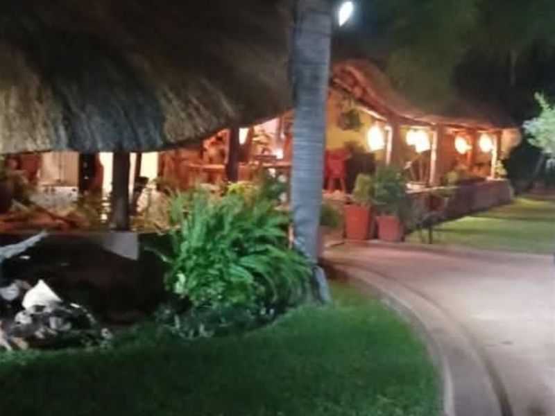 Night view of a farm property featuring a thatched roof structure, paved pathways, and landscaped garden areas.