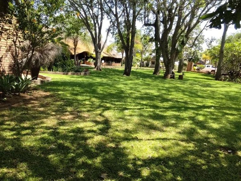 A spacious, well-maintained garden area featuring mature trees, lush green lawn, and a brick boundary wall on a farm property.