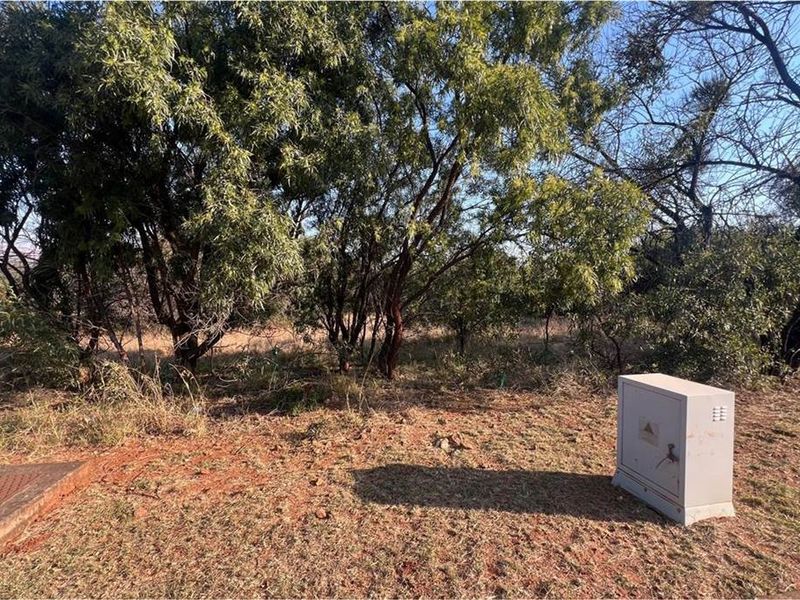 A view of a vacant residential plot featuring mature trees, natural vegetation, and a fixed electrical utility box on the ground.