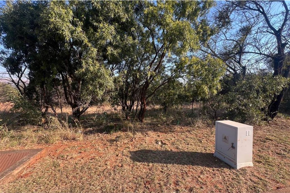A view of a vacant residential plot featuring mature trees, natural vegetation, and a fixed electrical utility box on the ground.