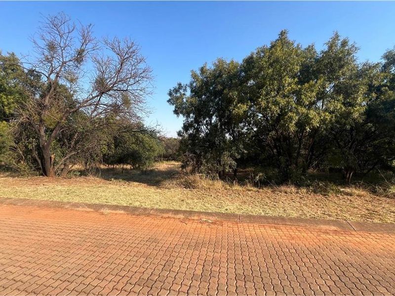 A view of a vacant residential plot featuring mature trees and direct access from a paved road.