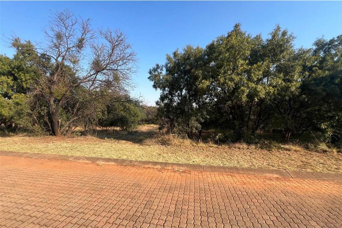 A view of a vacant residential plot featuring mature trees and direct access from a paved road.