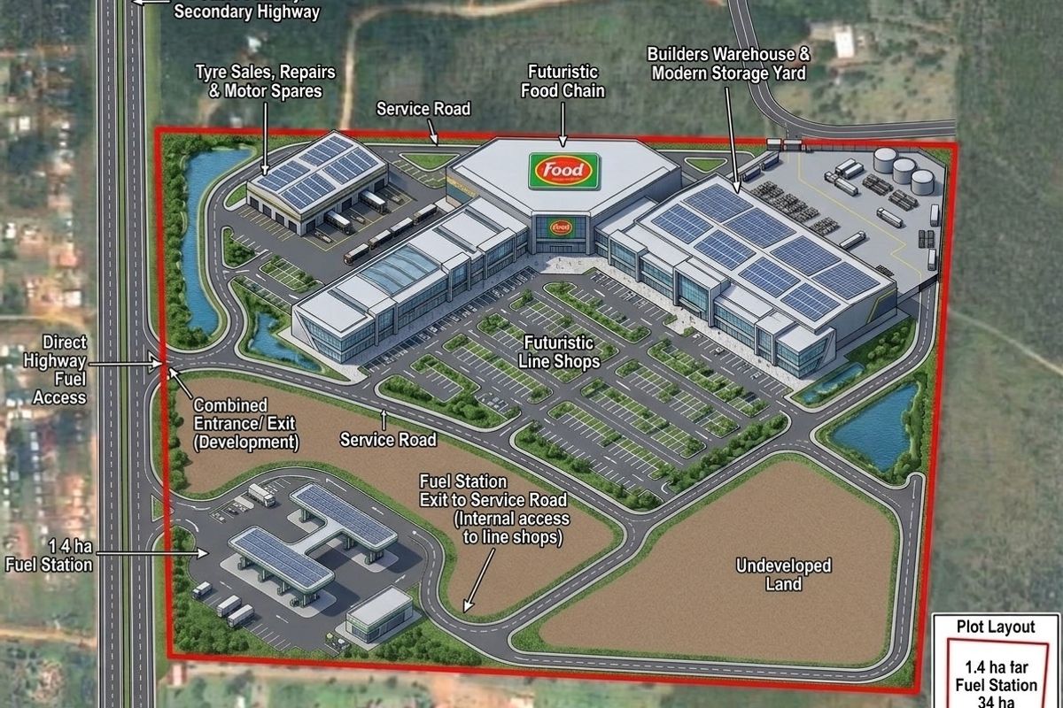 An aerial architectural site plan showing the proposed commercial development layout, including retail units, a fuel station, and warehouse facilities on the 34-hectare plot.